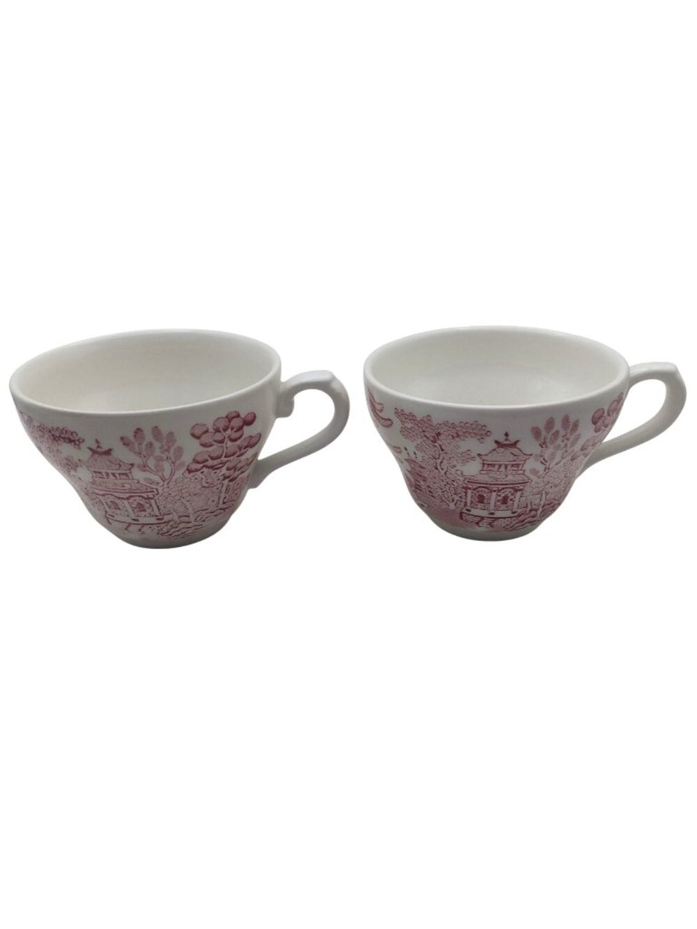 Churchill Cranberry Willow Rosa Pink Chinoiserie Transferware Tea Cup Set Of 2